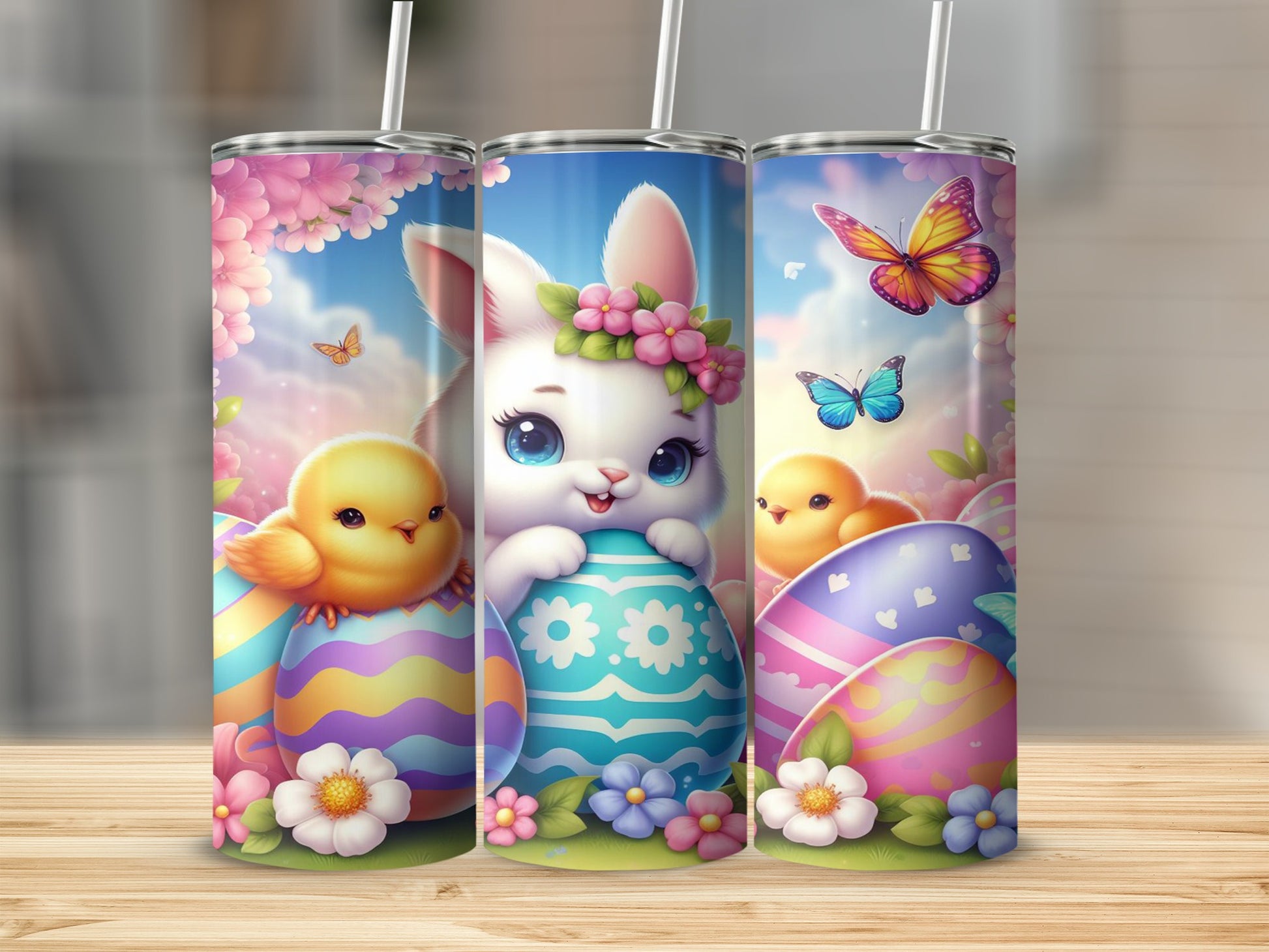 Easter bunny and chicks with decorated eggs and butterflies.