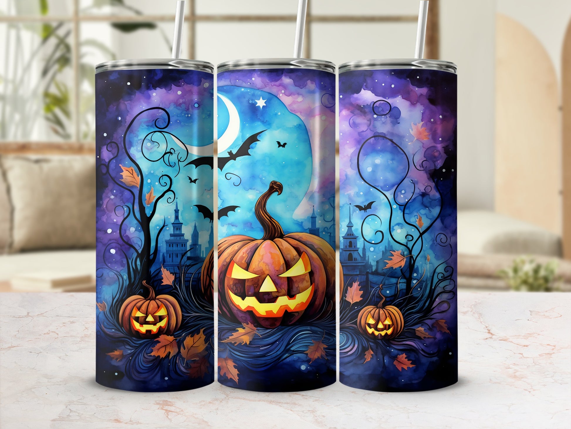 Halloween Pumpkin and Night Sky Design Tumbler