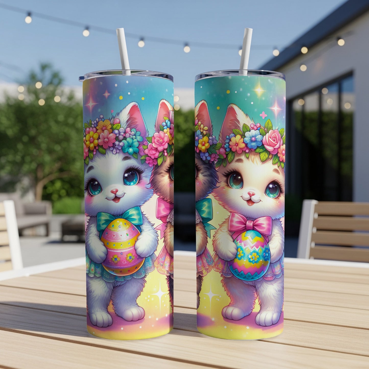 Two Easter bunny tumblers with colorful floral crowns holding decorated eggs.