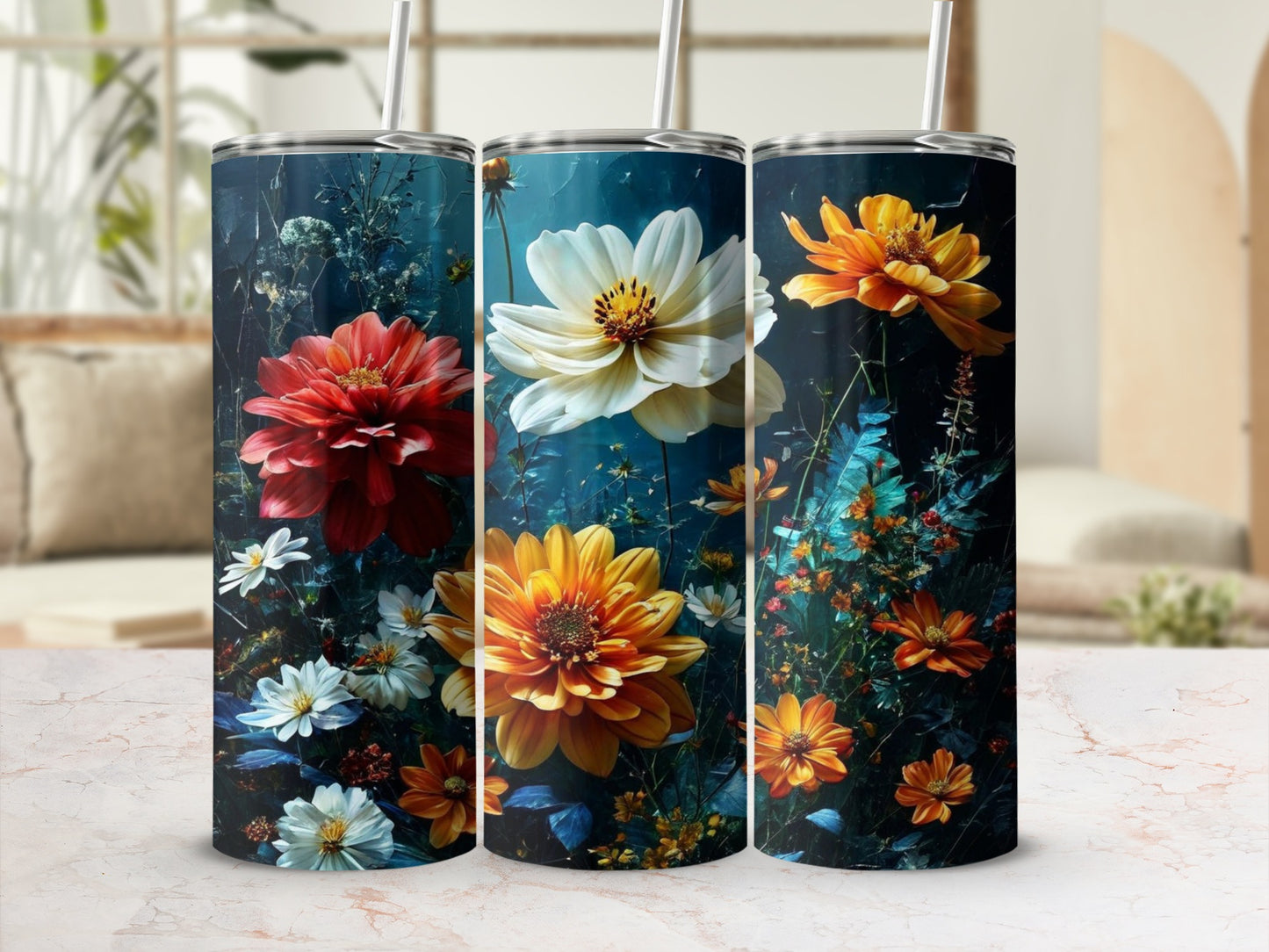 Three tumblers with a dark floral pattern featuring red, yellow, and white flowers.