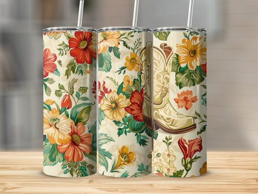 Floral pattern with cowboy boots on three tumblers.