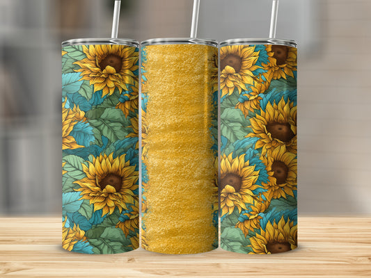 Three tumblers with sunflower and green leaf pattern and textured gold design.