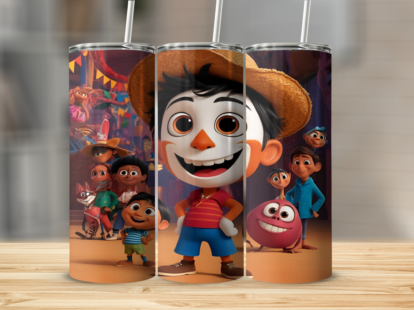 Animated characters, including a boy in a straw hat, stand together with a pink creature.