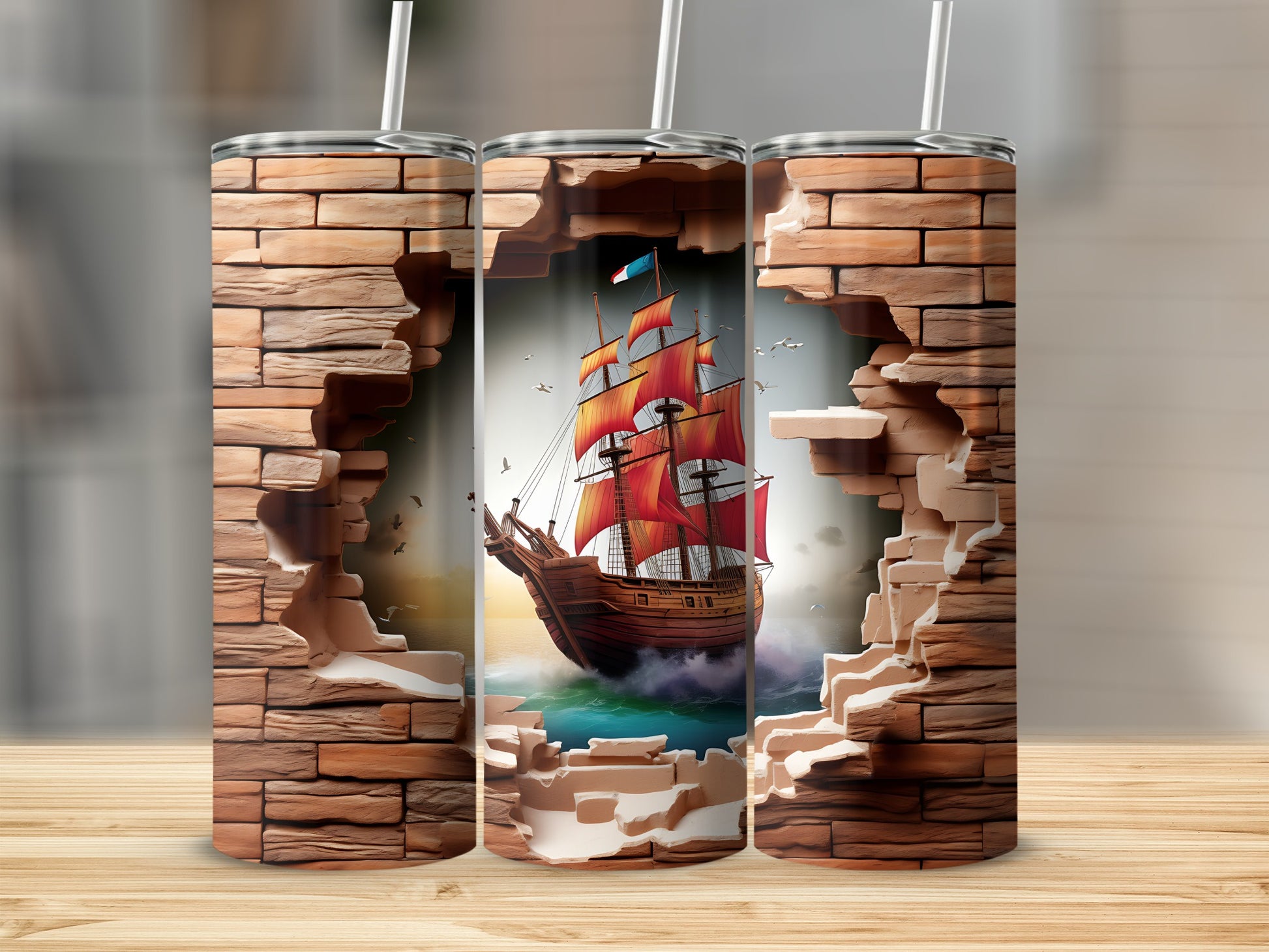 Brick Wall Pirate Ship Stainless Steel Tumbler