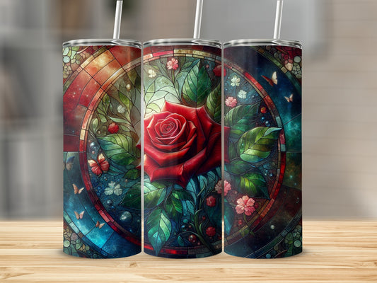 Three tumblers with stained glass rose and butterfly design.