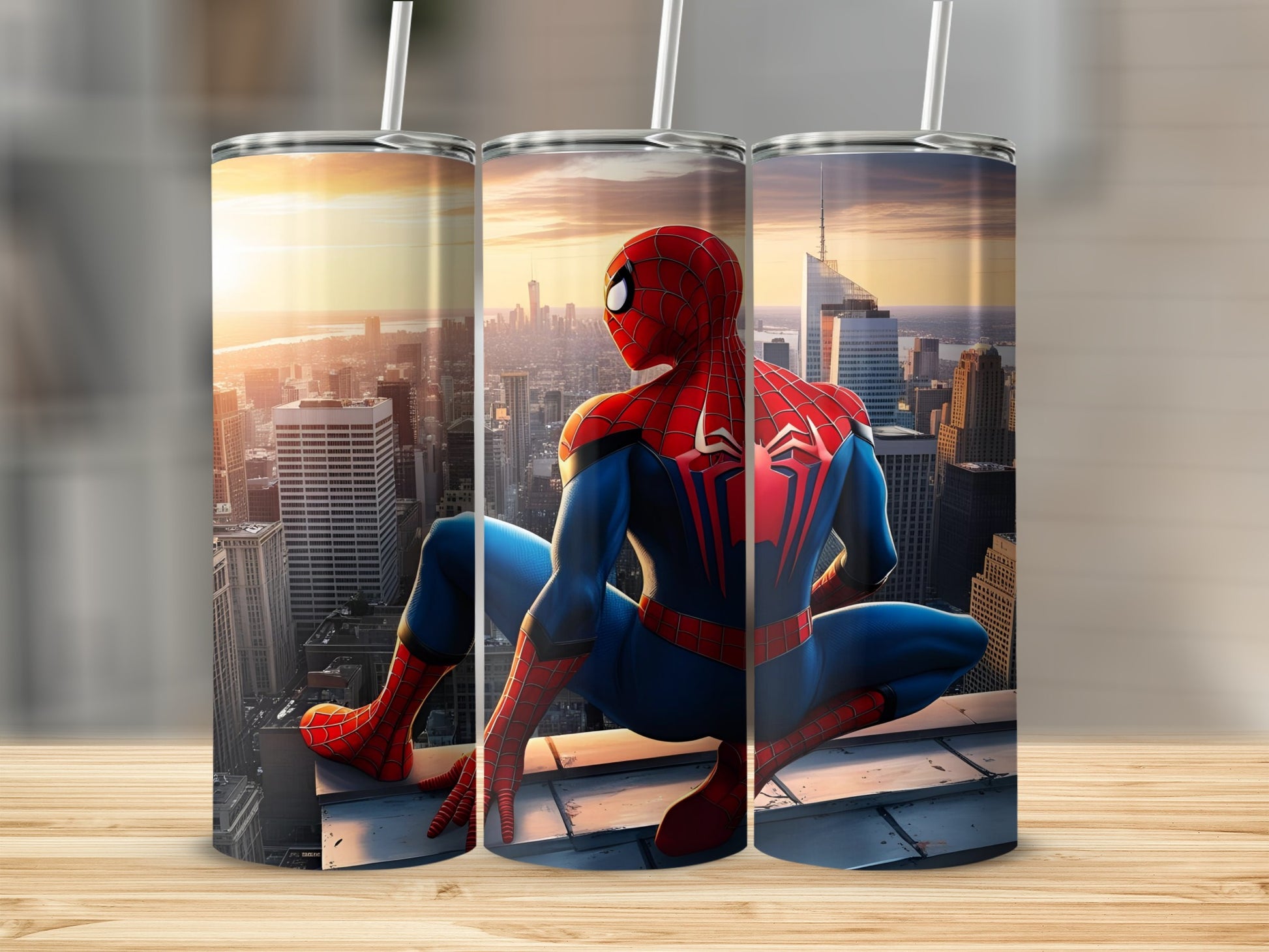 Spiderman crouches on a rooftop overlooking a city at sunset.