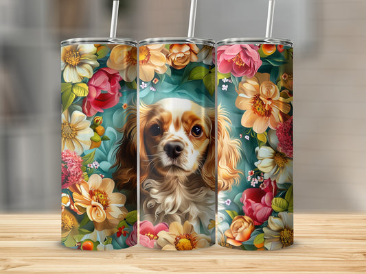 Three tumblers featuring a Cavalier King Charles Spaniel surrounded by floral designs.