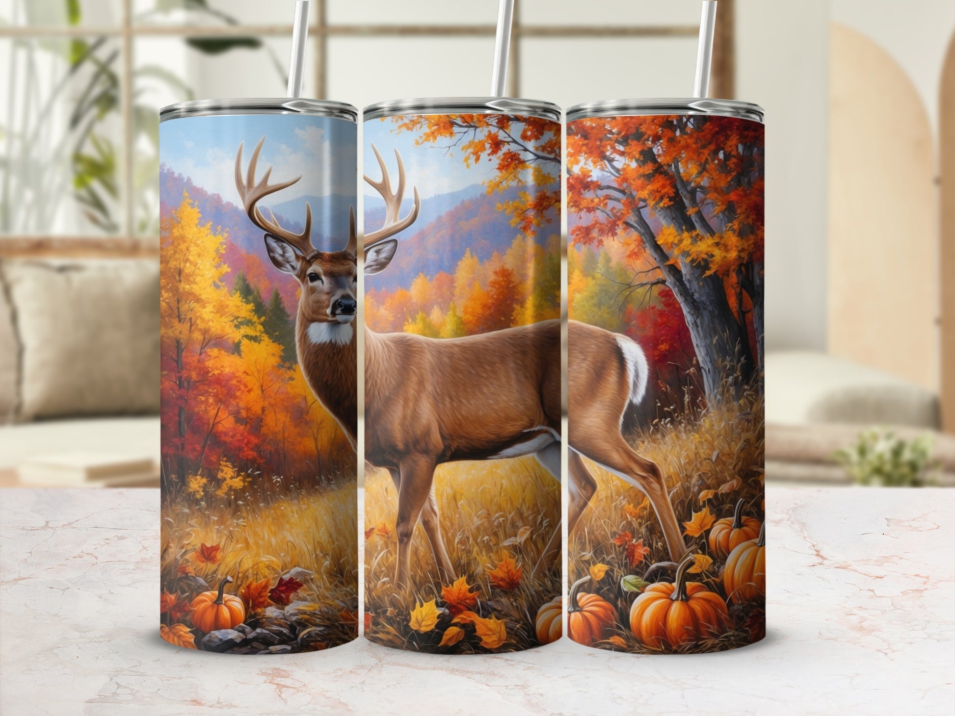 Deer and pumpkins in autumn forest scene on three tumblers.