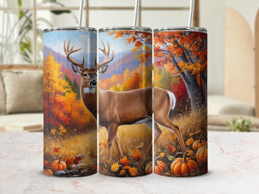 Deer and pumpkins in autumn forest scene on three tumblers.
