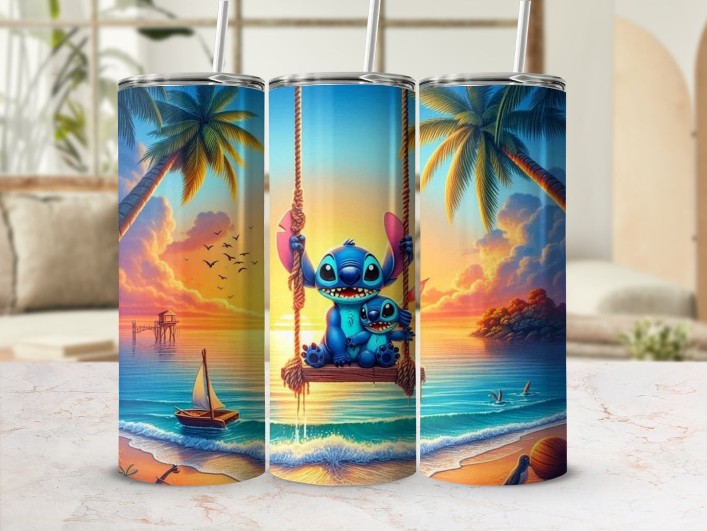 Vibrant Blue Cartoon Characters Beach Sunset Tumbler
