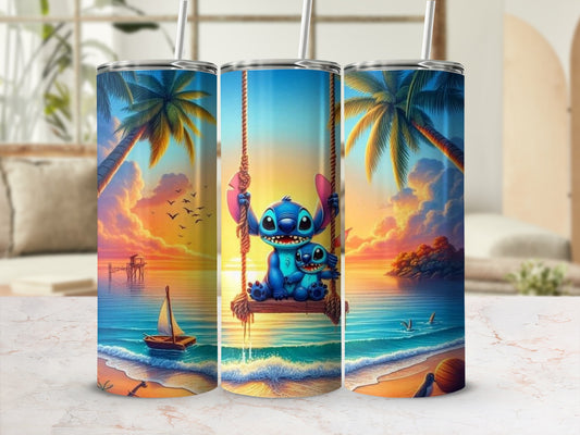 Vibrant Blue Cartoon Characters Beach Sunset Tumbler