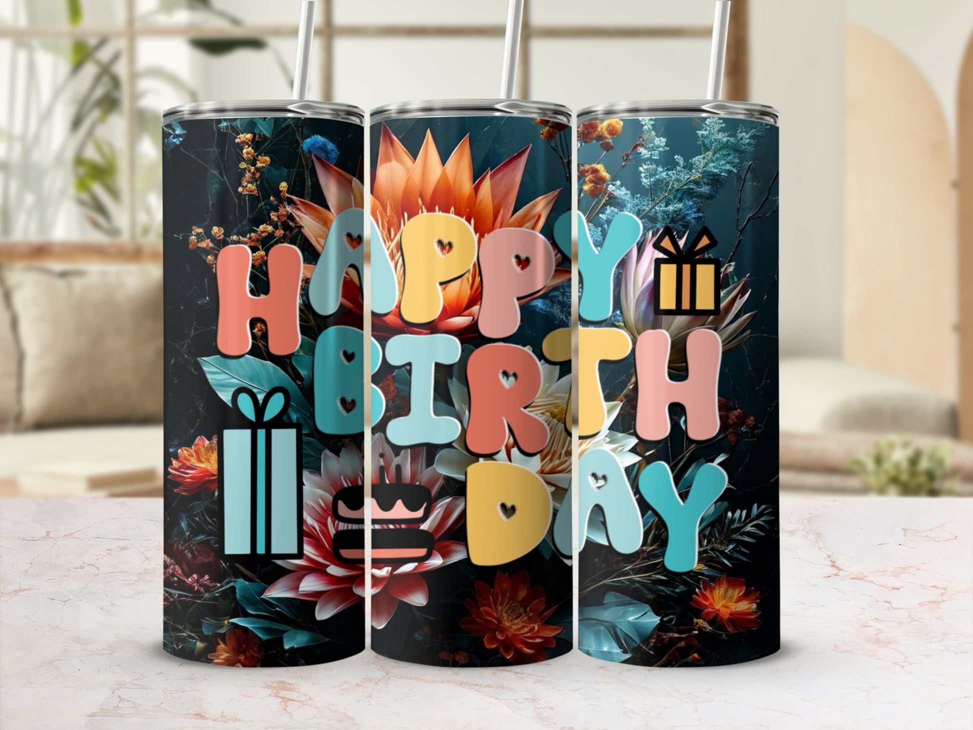 Tall tumbler with "Happy Birthday" in colorful letters and gift boxes.