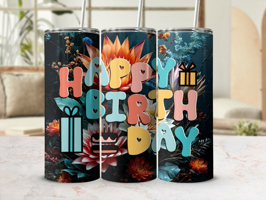 Tall tumbler with "Happy Birthday" in colorful letters and gift boxes.