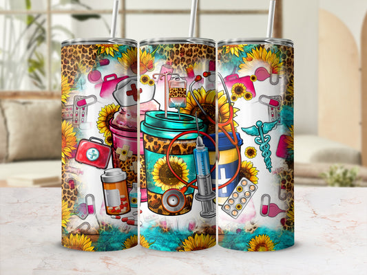 Three tumblers with medical, sunflower, and leopard print designs.