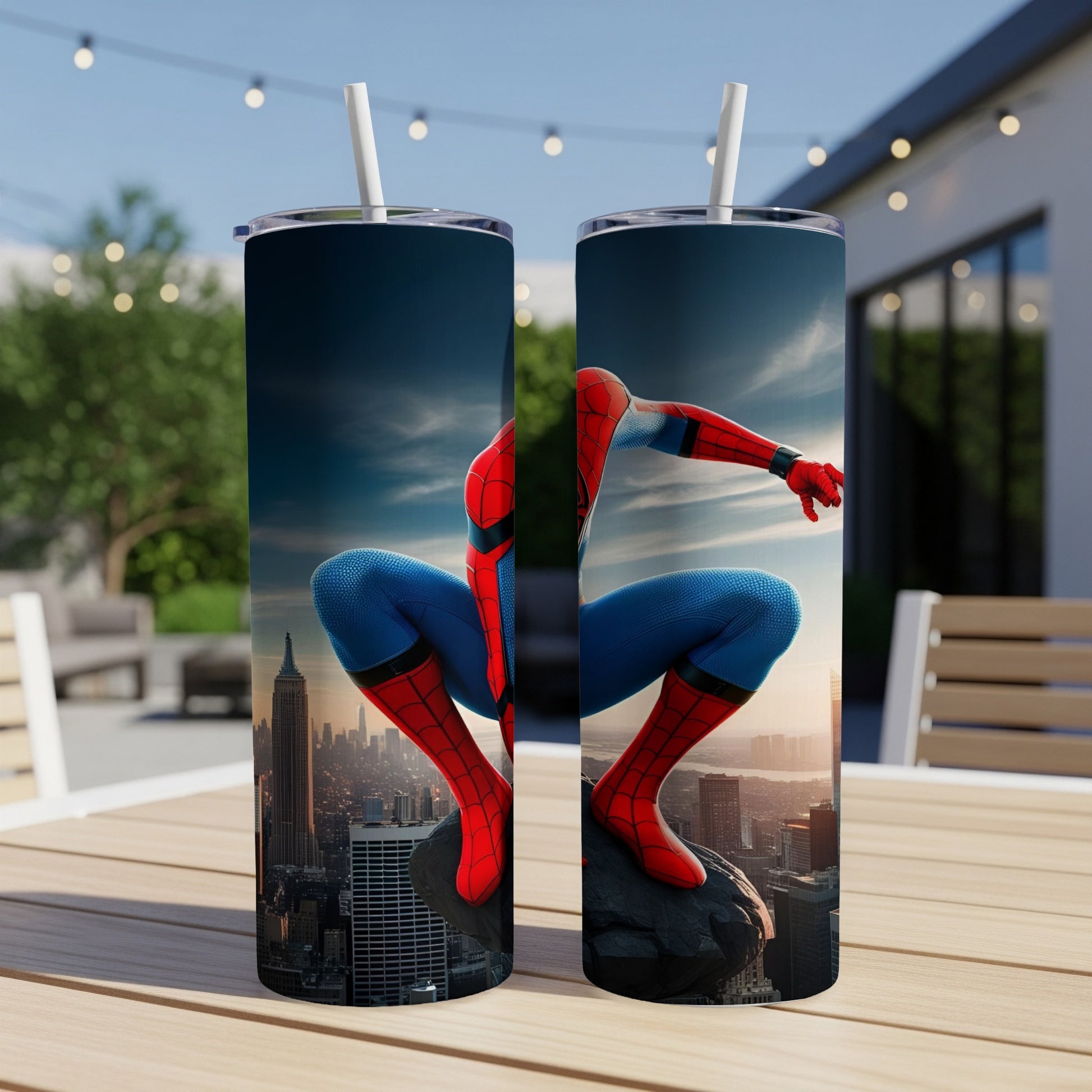 Spider-Man crouches on a rock overlooking a city skyline.