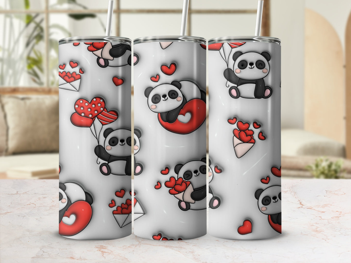 Cute Panda and Hearts Insulated Tumbler for Beverages