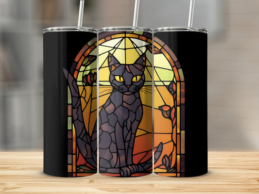 Black cat with yellow eyes in stained glass design on a tumbler.