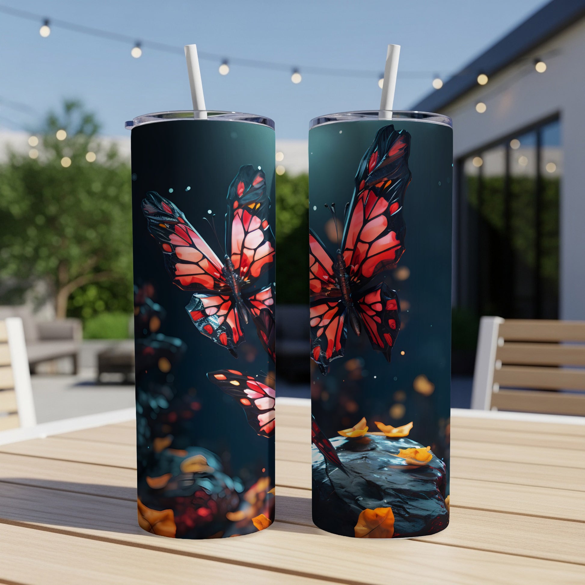 Two tumblers featuring red and black butterflies against a dark, starry background.