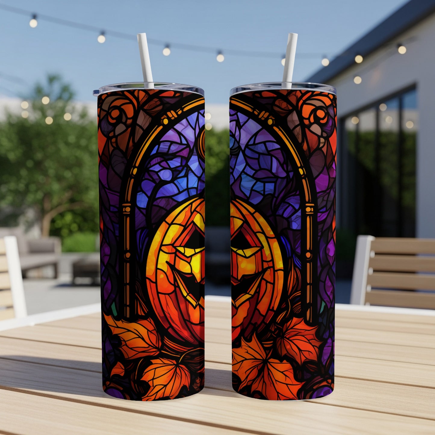Halloween jack-o'-lantern and autumn leaves stained glass design on two tumblers.