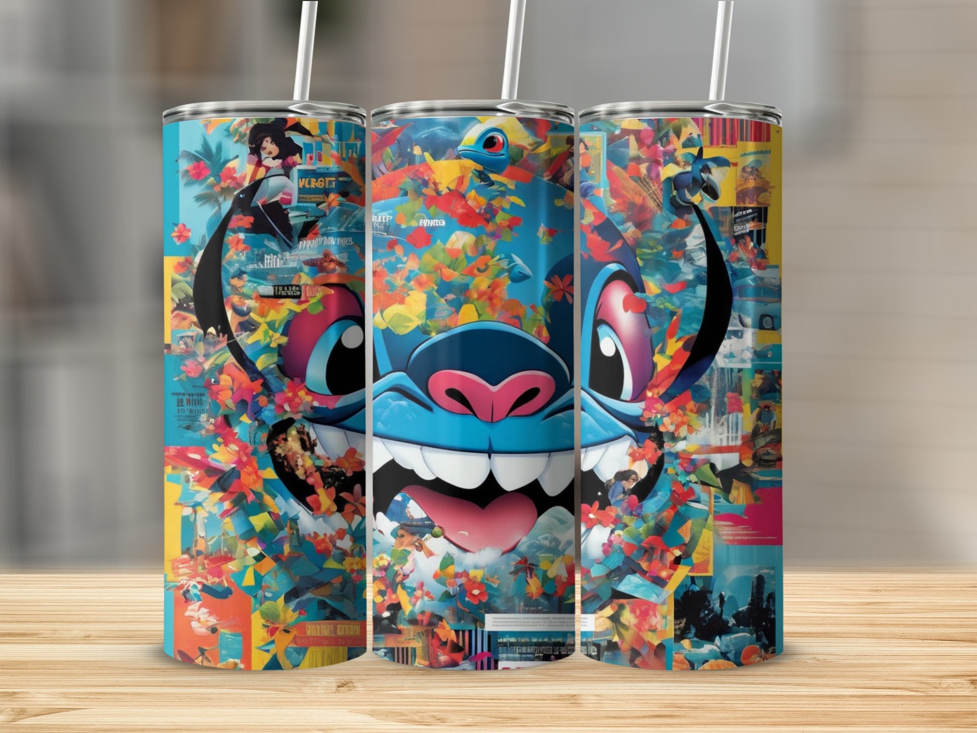 Triptych of a Stitch tumbler with a collage of colorful abstract designs.