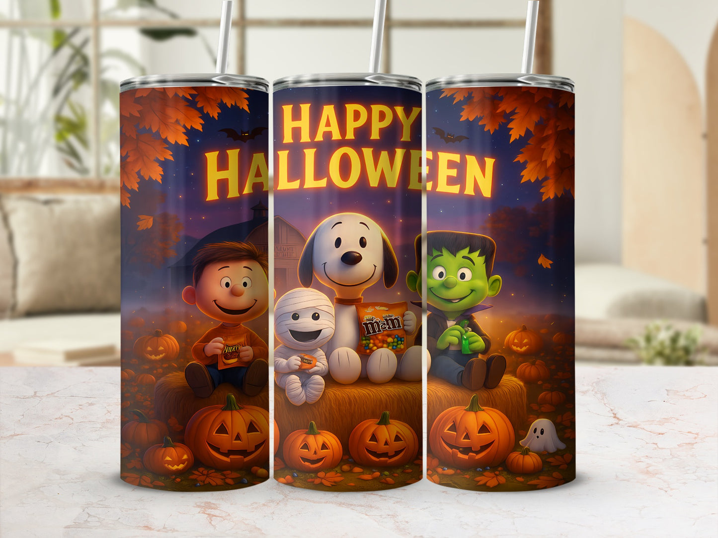 Happy Halloween tumbler with Charlie Brown, Snoopy, and Frankenstein.