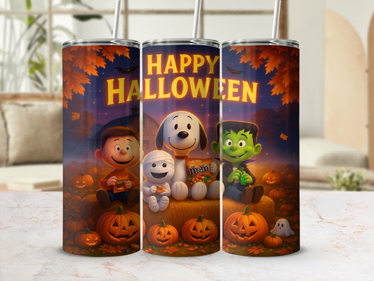 Happy Halloween tumbler with Charlie Brown, Snoopy, and Frankenstein.