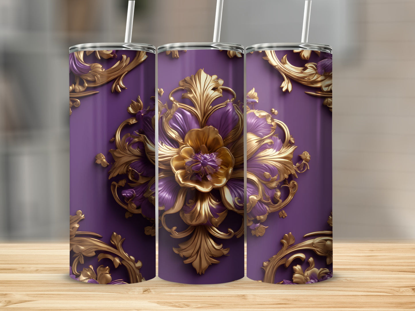 Purple tumbler with ornate gold floral design and straw.