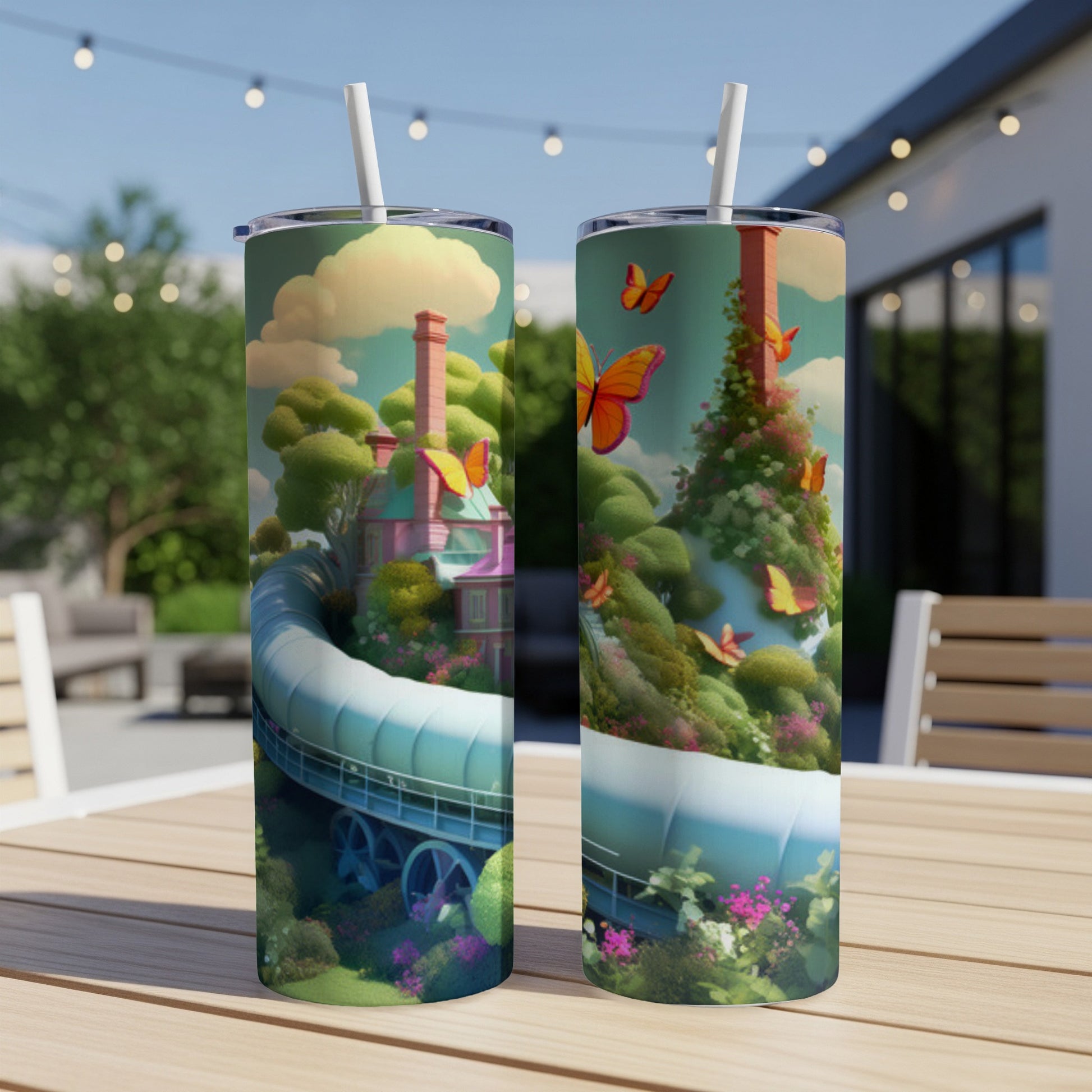 Two tumblers with whimsical garden and butterfly designs on a wooden table.