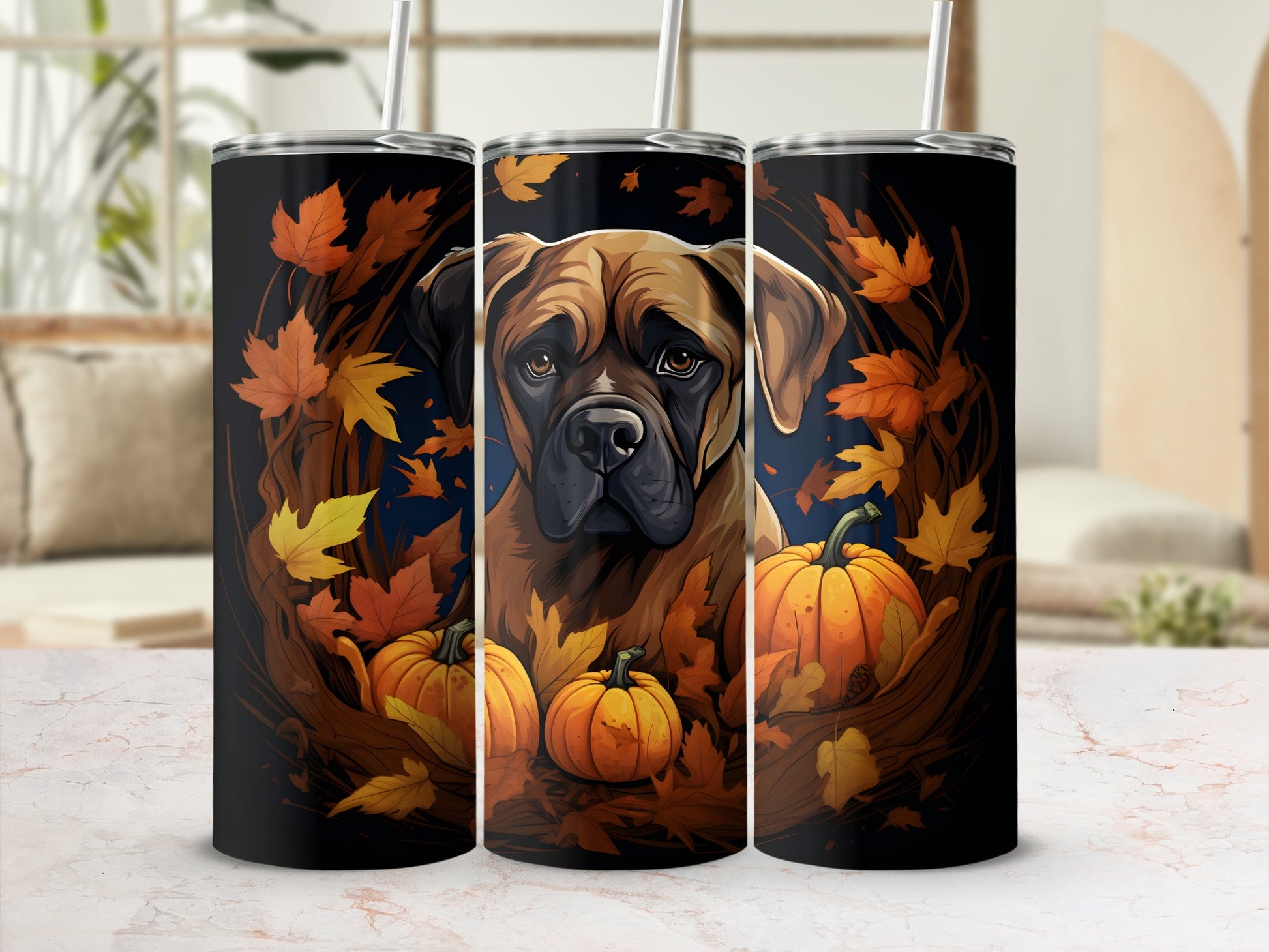 Bullmastiff dog with pumpkins and autumn leaves on a black tumbler.