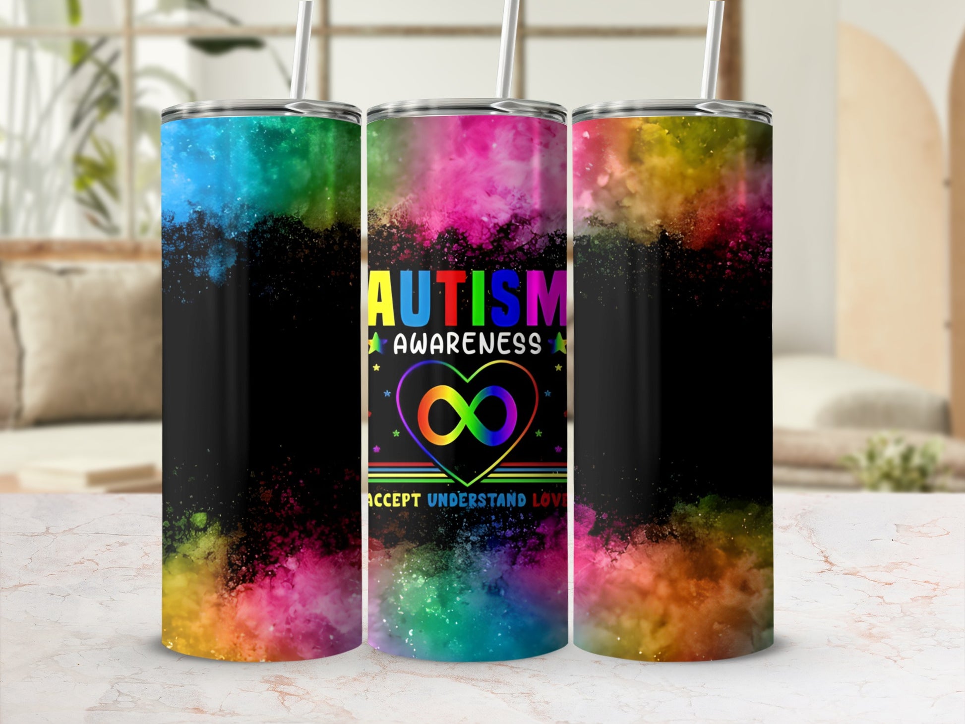 Rainbow-splattered tumbler with "Autism Awareness" and infinity heart logo.