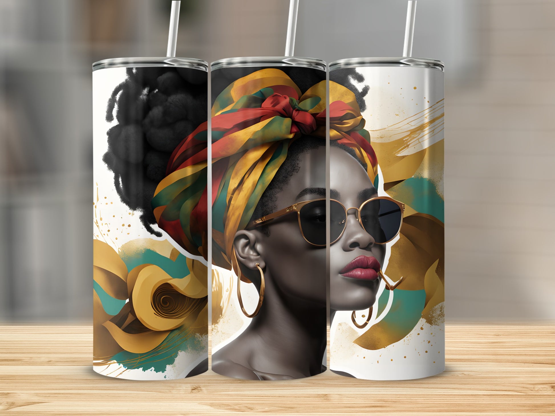 Woman in colorful headwrap and sunglasses on a patterned tumbler.