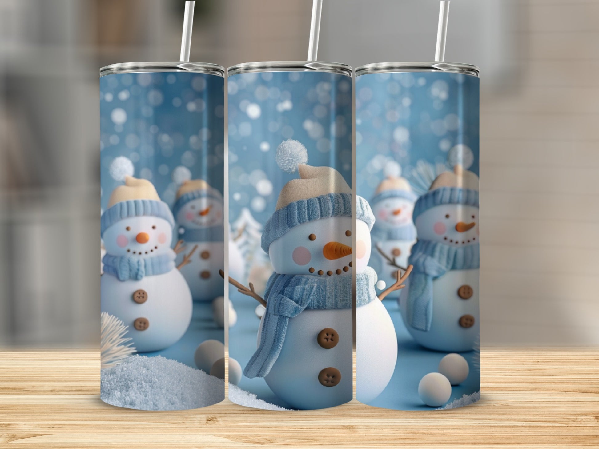 Three snowmen wearing hats and scarves on a blue, snowy background.