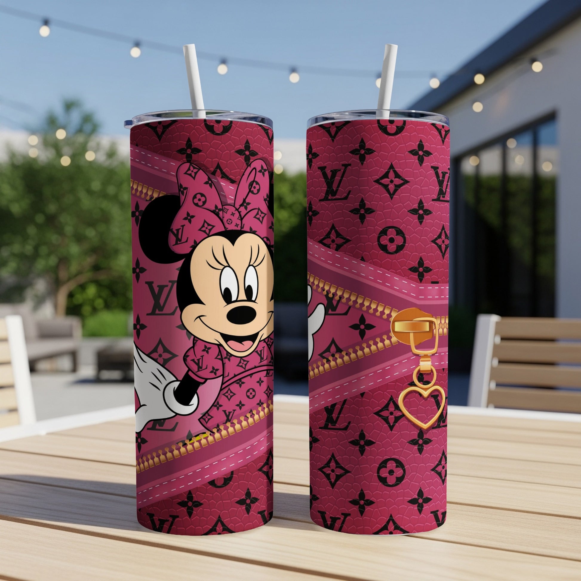 Minnie Mouse with LV monogram pattern and gold zipper detail on burgundy tumblers.