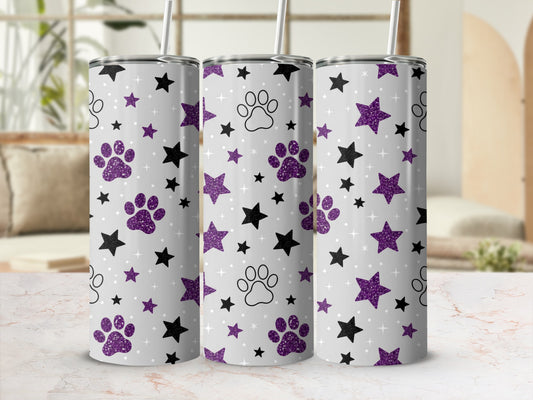 Three gray tumblers with paw prints and stars pattern.