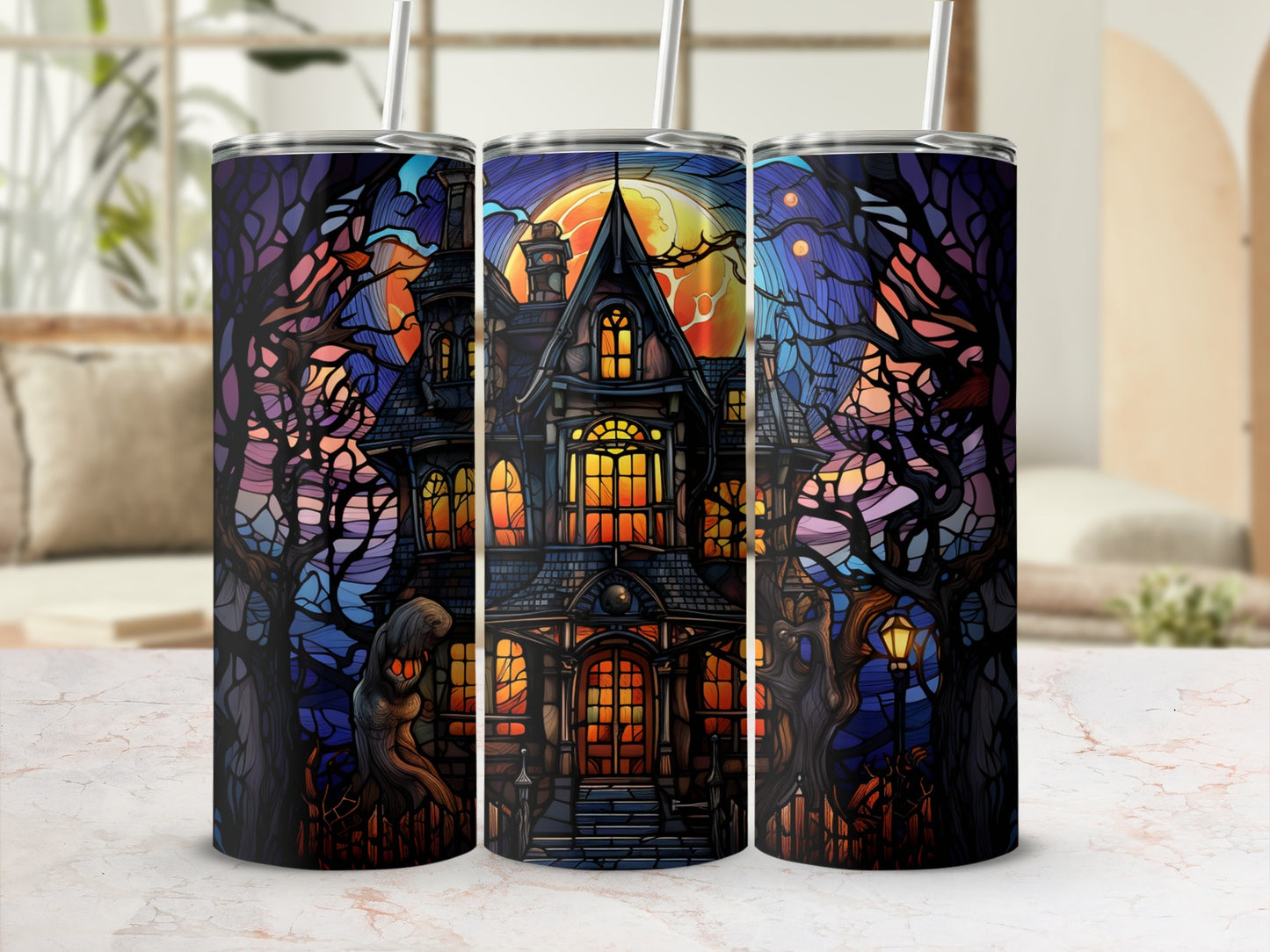 Haunted house under a full moon with stained-glass-style trees.