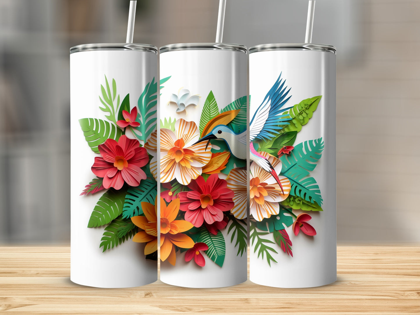 Colorful Floral Hummingbird Design Tumbler Product