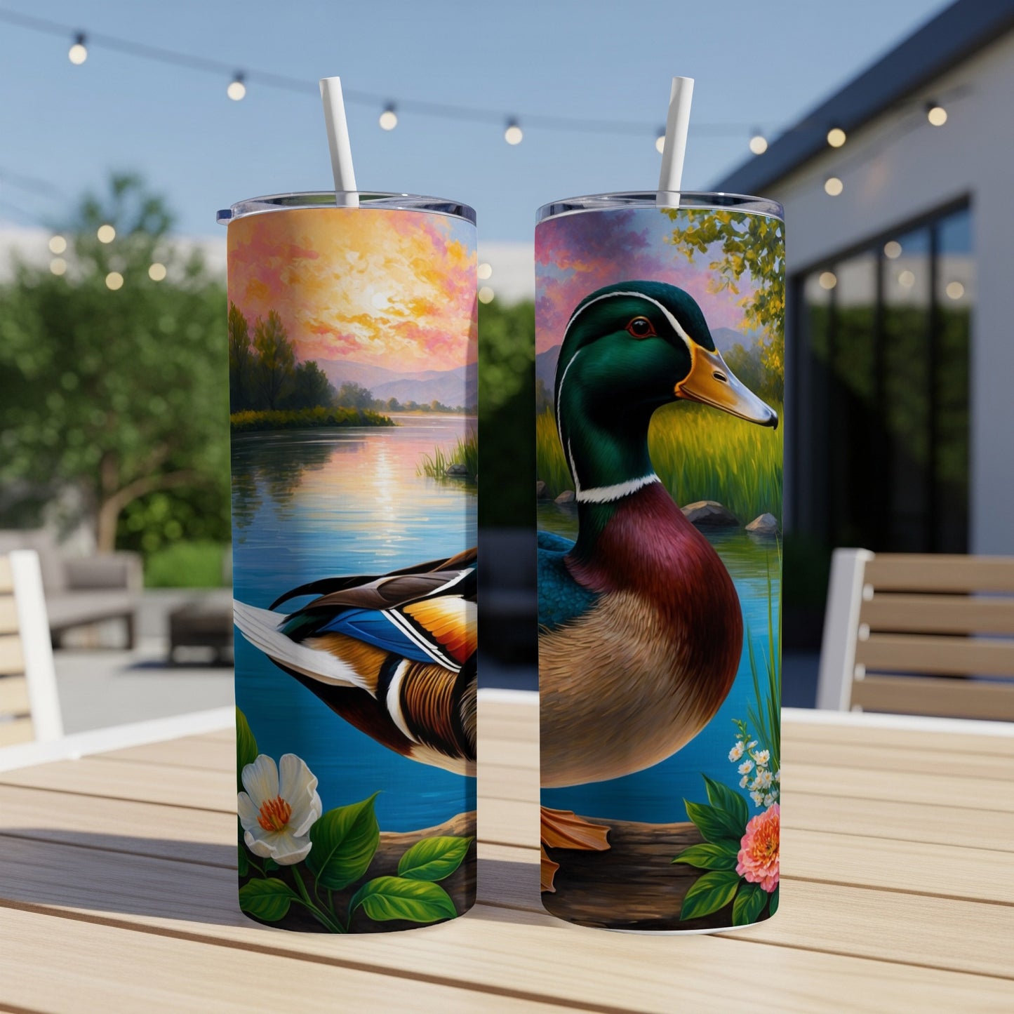 Mallard duck on a wooded lake with sunset and wildflowers.