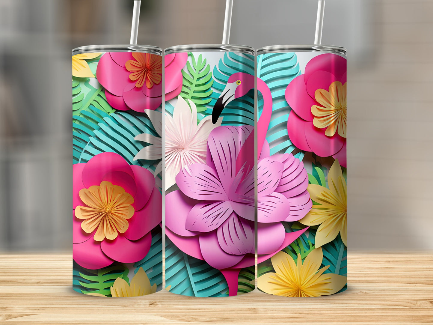 Vibrant Flamingo and Flowers Design Tumbler Product