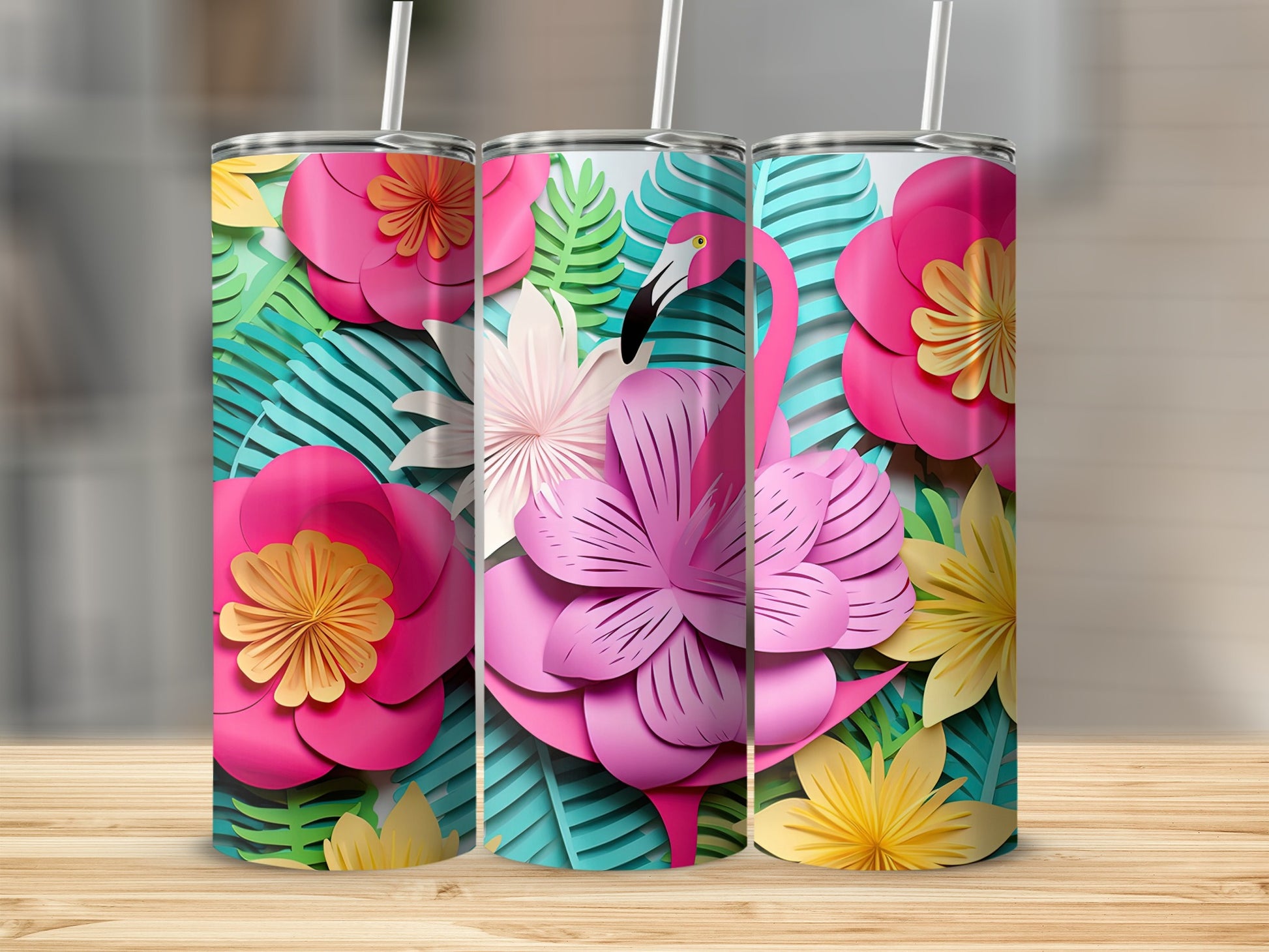 Vibrant Flamingo and Flowers Design Tumbler Product