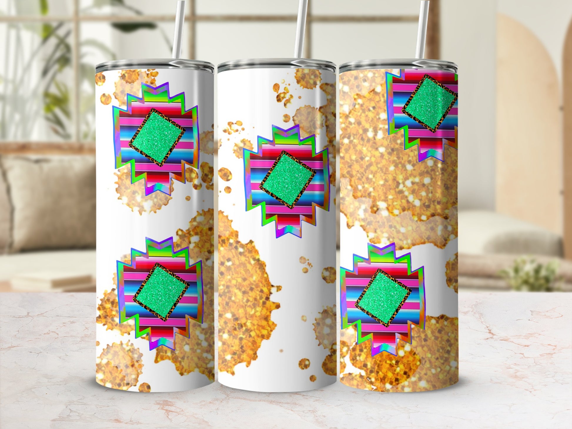White tumbler with Aztec design and glitter accents.