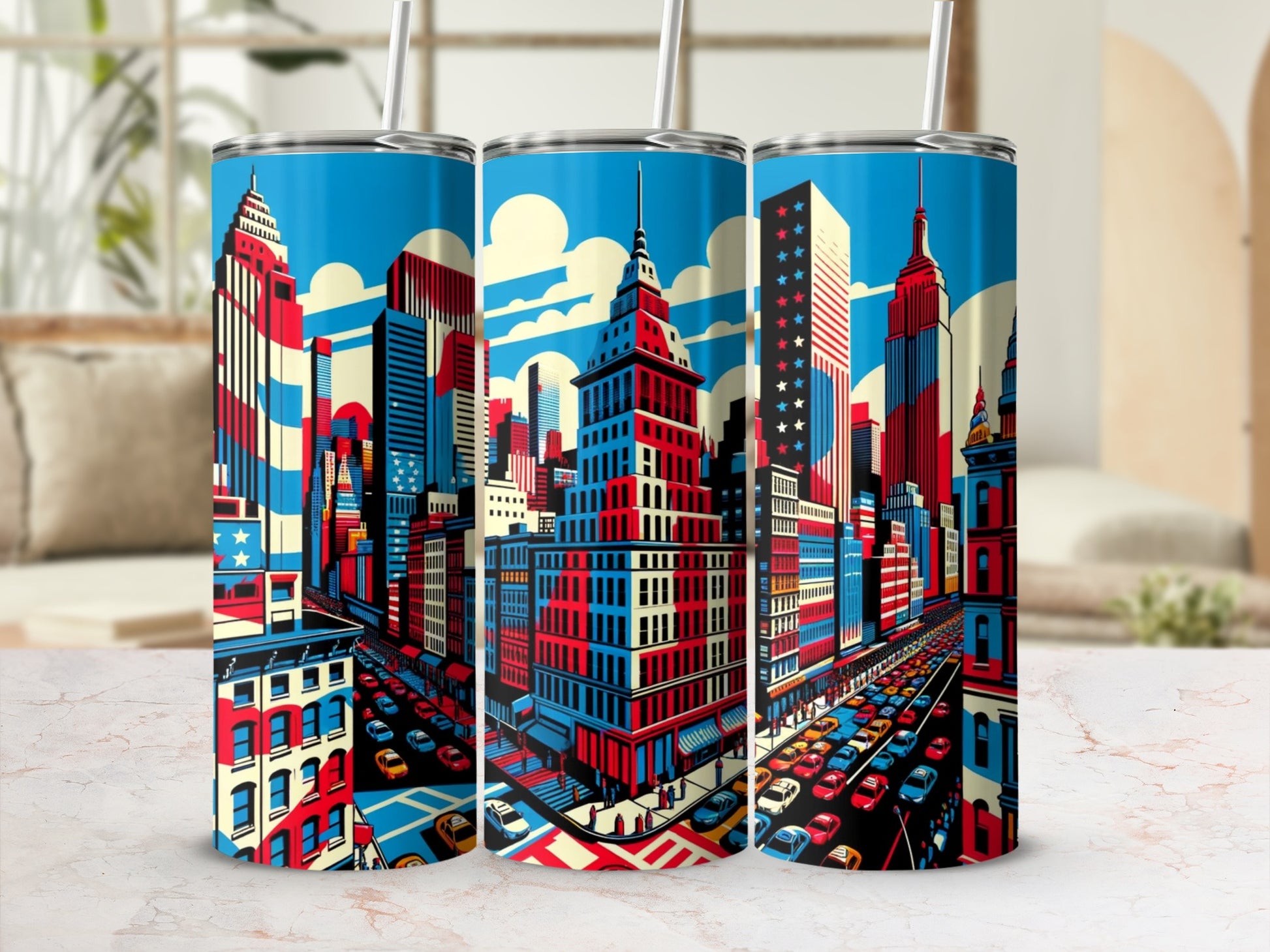 Three tall tumblers featuring a stylized New York City skyline with red, white, and blue buildings and cars.