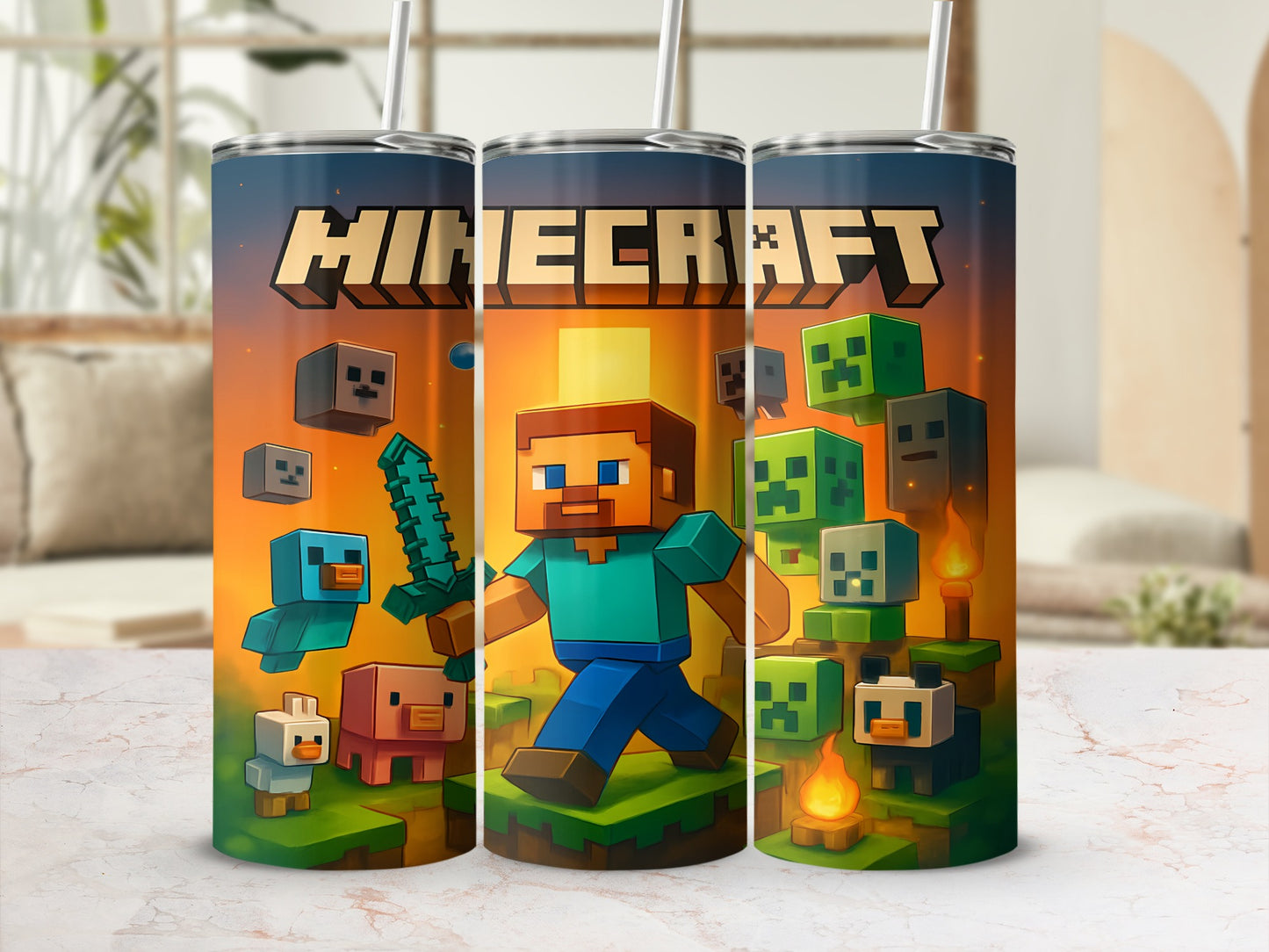 Minecraft Themed Premium Drink Tumbler with Straw