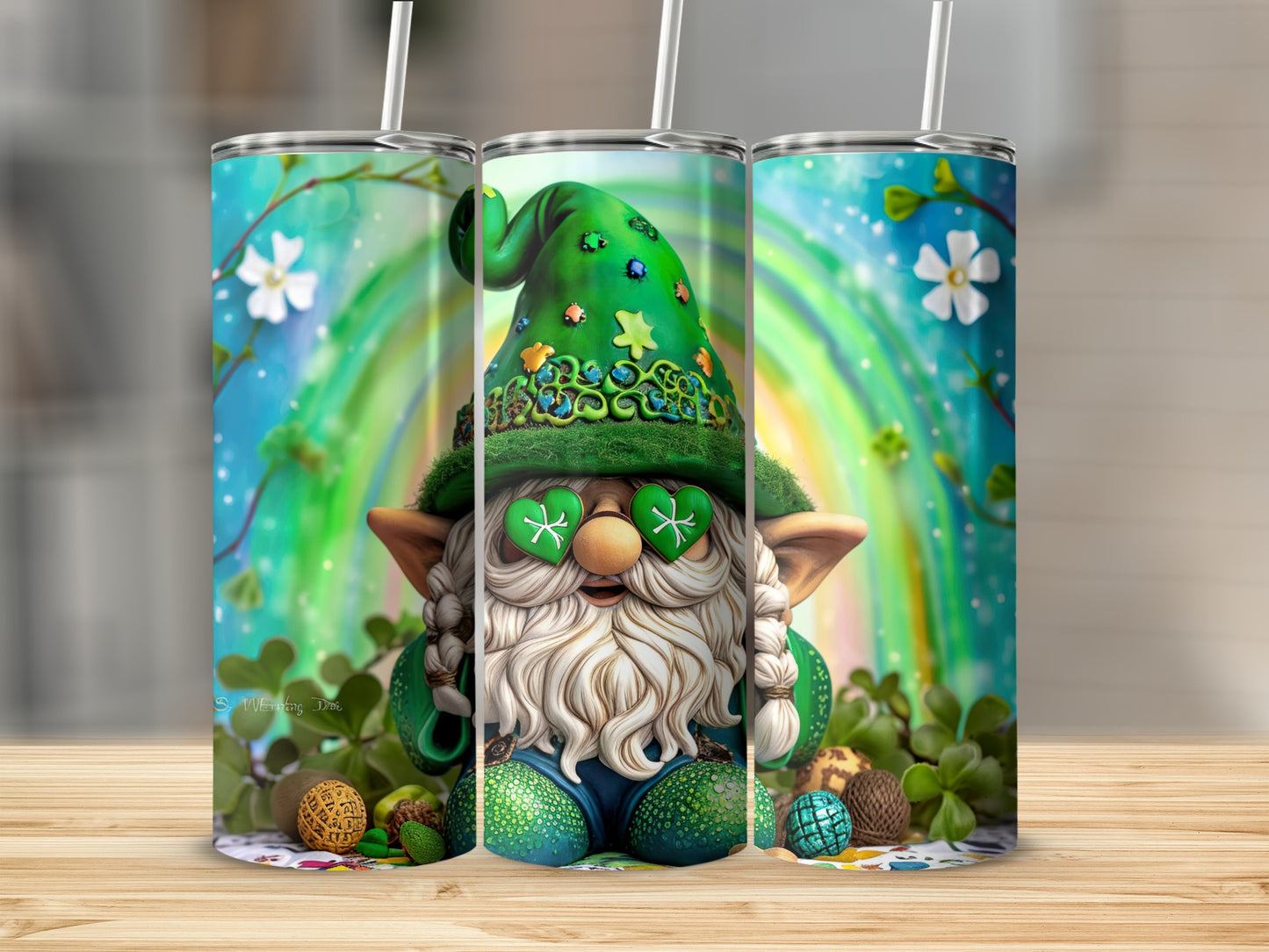 St. Patrick's Day gnome with shamrock glasses and rainbow background.
