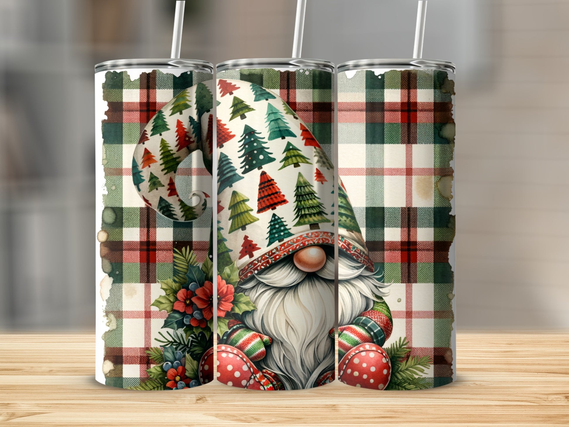 Gnome with Christmas trees and plaid pattern on a tumbler.