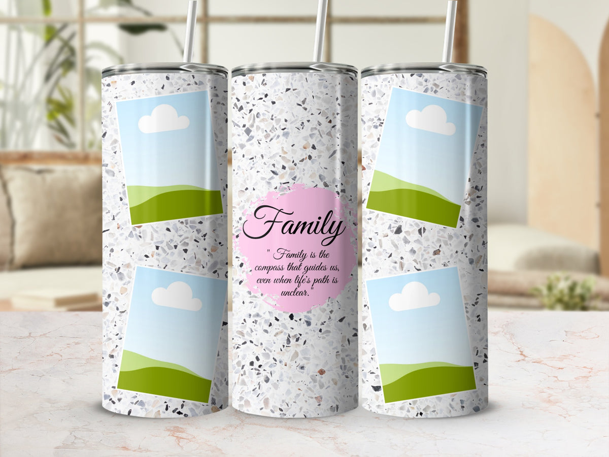 Three tumblers with a terrazzo pattern, each featuring photos and the word "Family."
