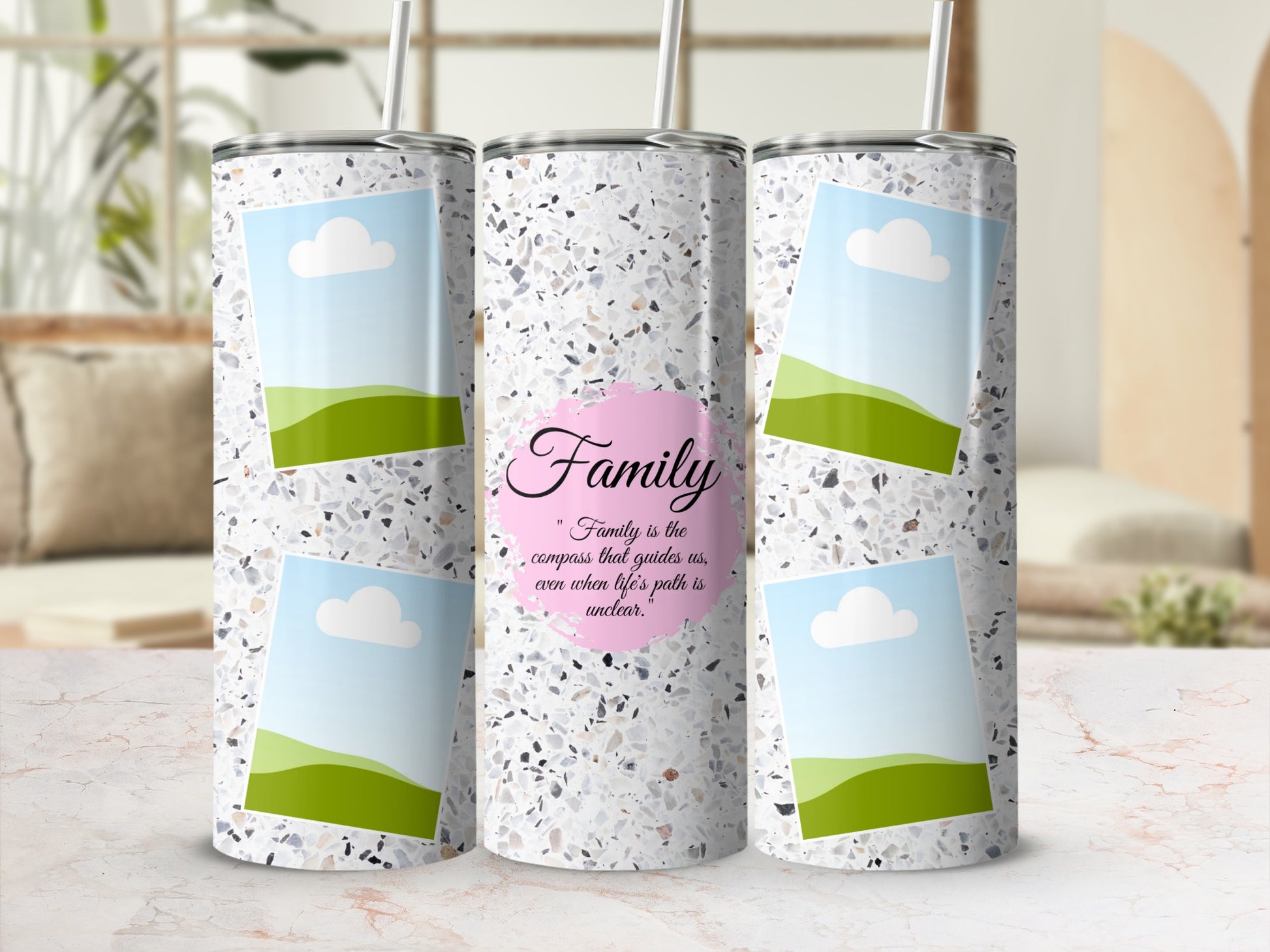 Three tumblers with a terrazzo pattern, each featuring photos and the word "Family."