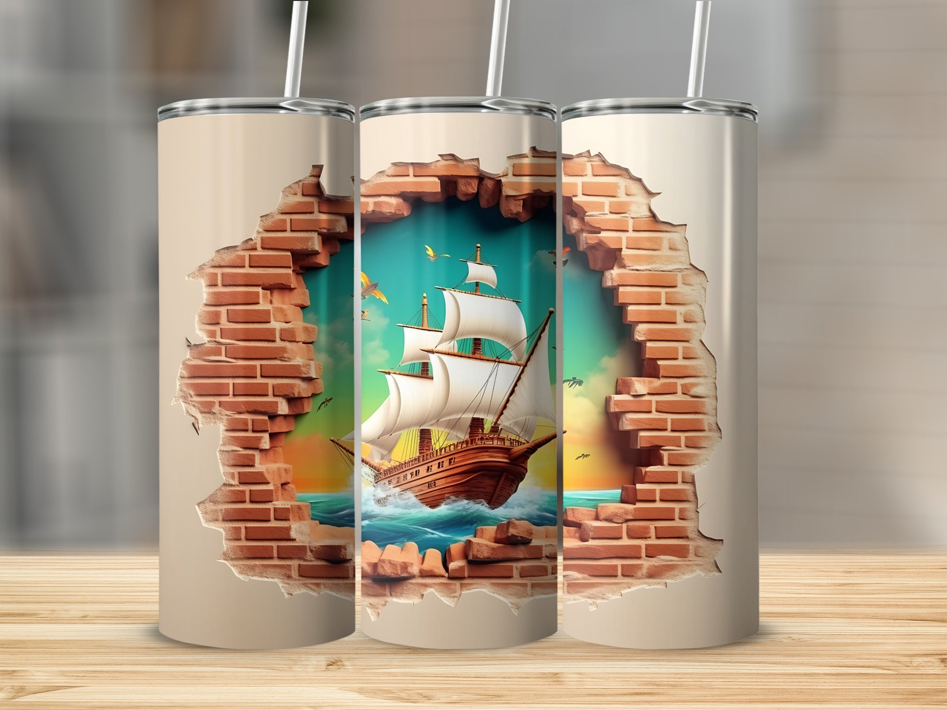 Ship Breaking Through Brick Wall Tumbler Product