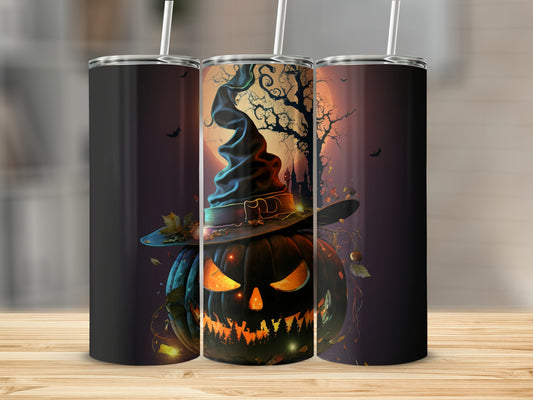 Three tumblers featuring a spooky Halloween jack-o'-lantern design with a witch hat.