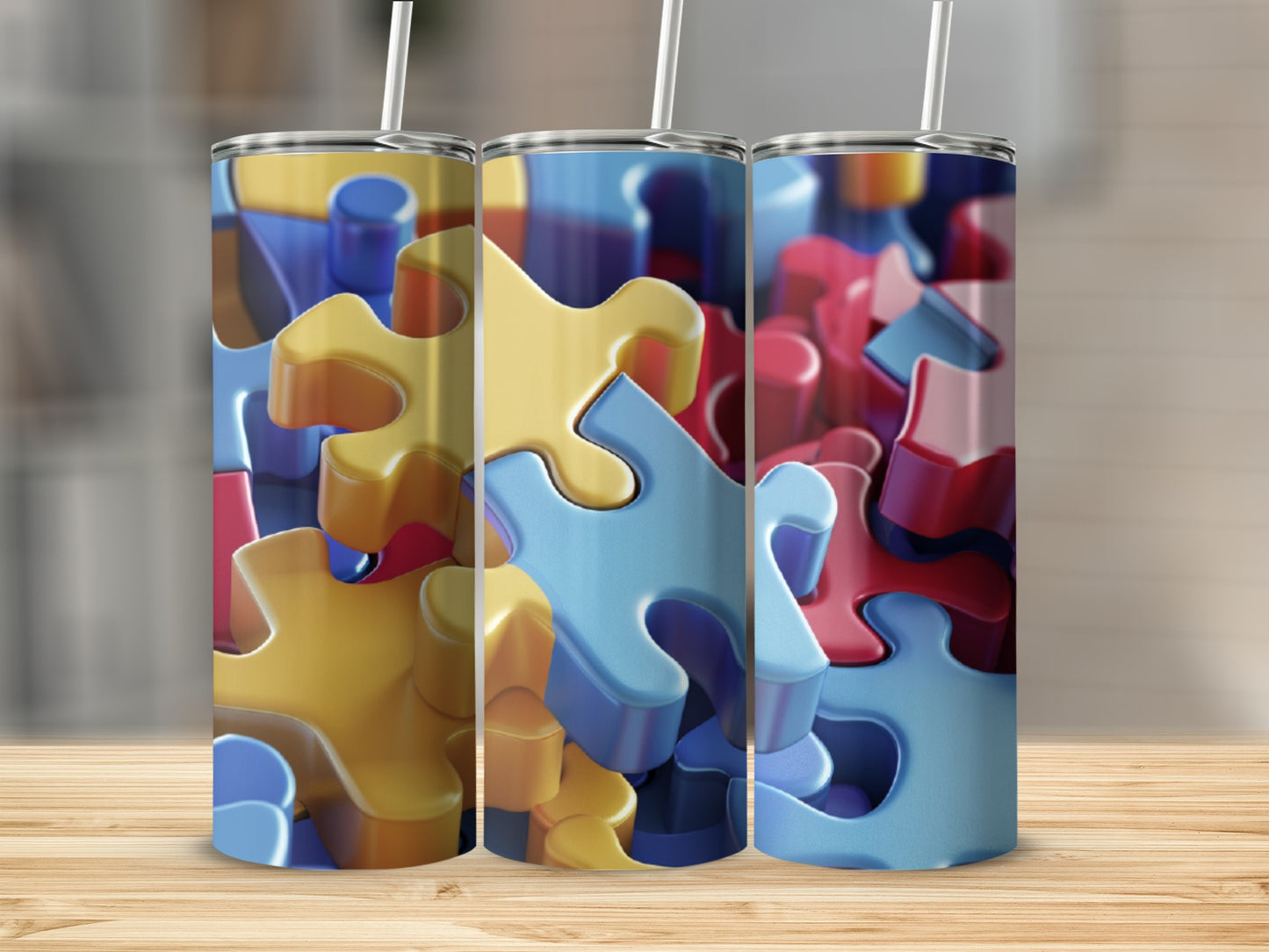Three tumblers with a colorful puzzle piece design.