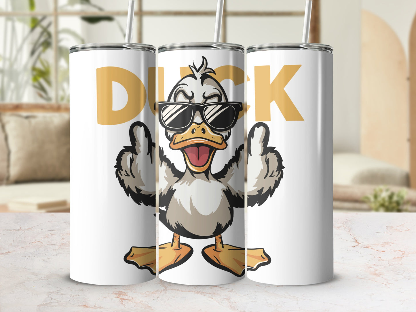 Cartoon duck wearing sunglasses and giving thumbs up on a white tumbler.
